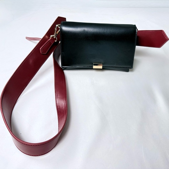 Zara Handbags - Zara Black Leather Crossbody with Wine Red Strap